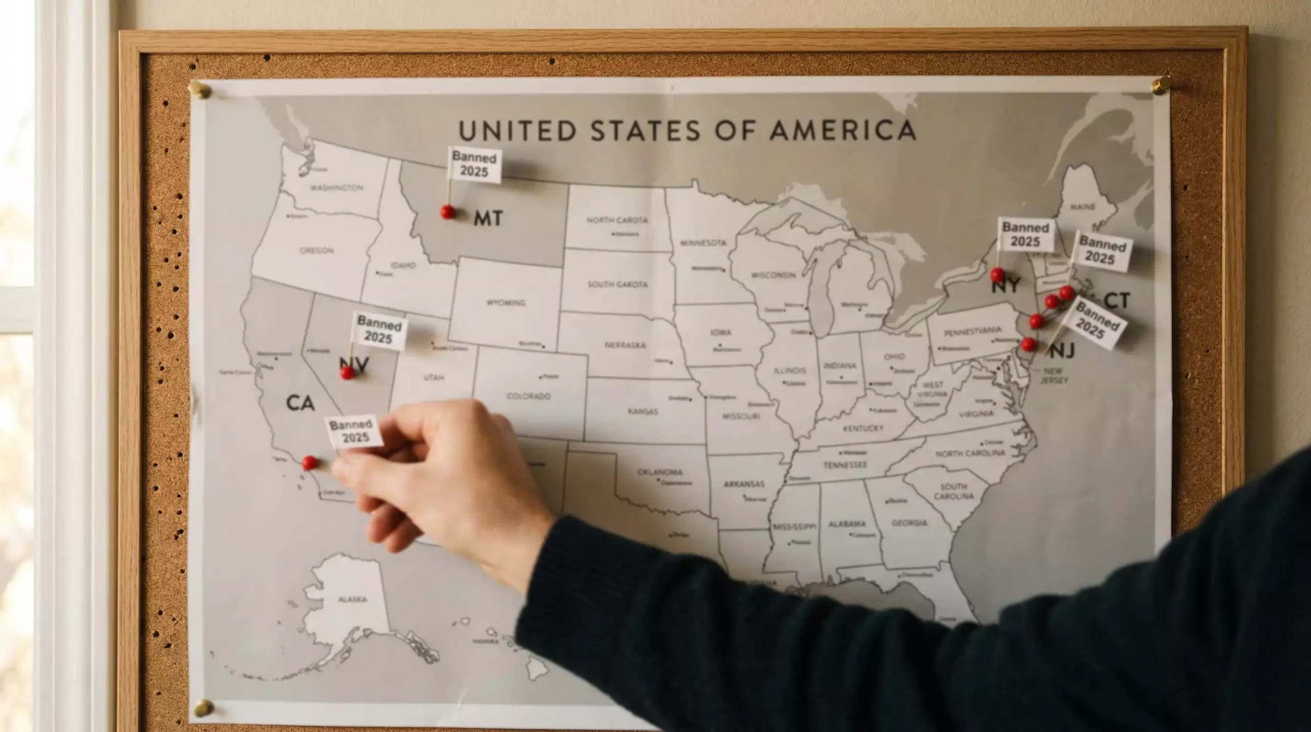 US sweepstakes casino bans 2025 — six states including California and New York marked on a map