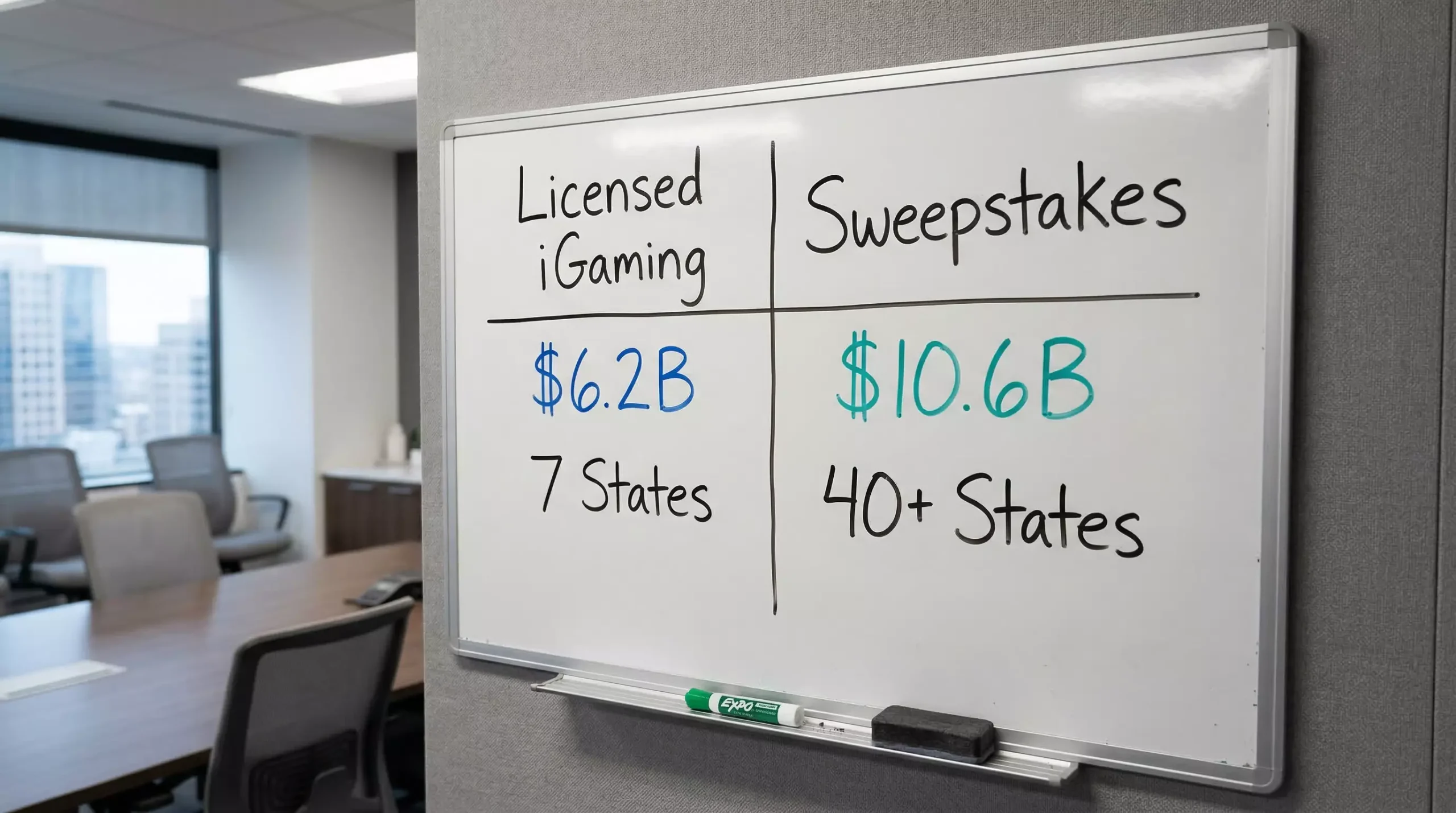 Sweepstakes casinos vs licensed iGaming revenue comparison — .6B versus .2B bar chart