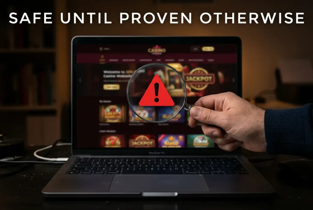 Magnifying glass hovering over a laptop screen examining a sweepstakes casino website with a red warning indicator glowing