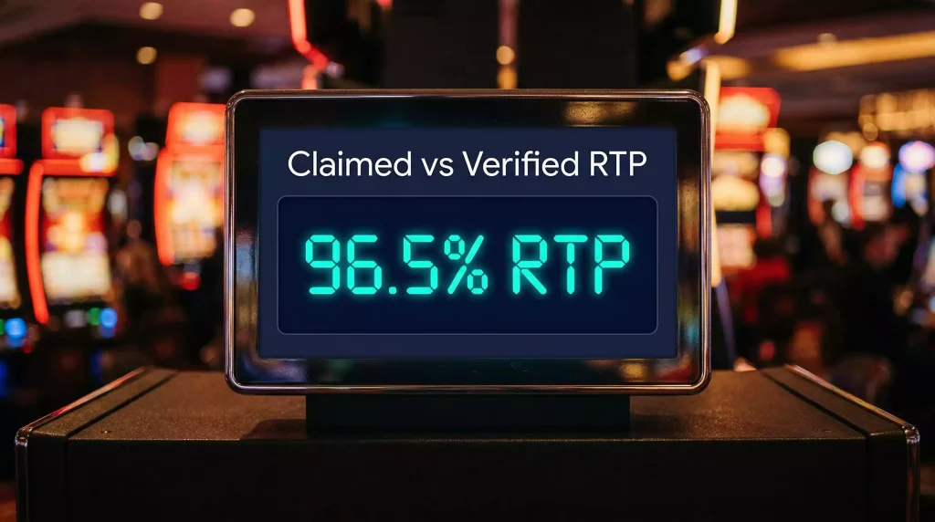 Close-up of a slot machine info panel showing a 96.5 percent RTP figure glowing in teal on a dark background