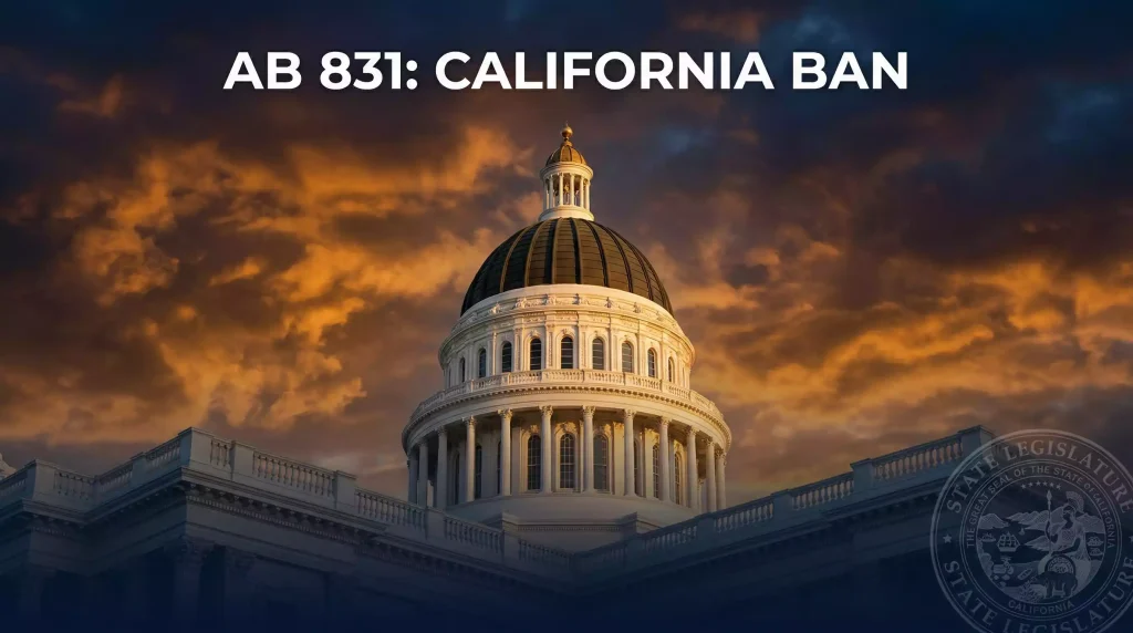 California State Capitol dome under a dramatic sky with a transparent overlay of a legislative document stamp symbolizing the AB 831 sweepstakes ban