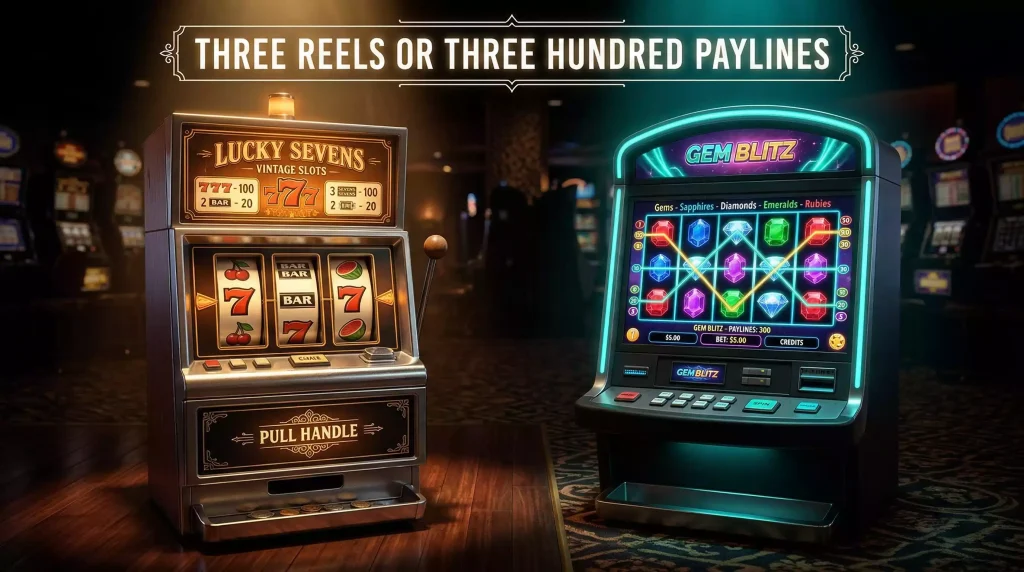 Side-by-side slot machines — a simple three-reel classic design on the left and a colorful five-reel video slot with bonus features on the right
