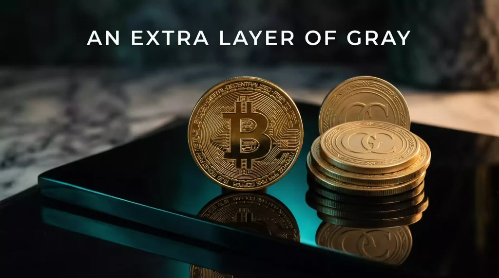 A physical Bitcoin token beside a stack of gold-colored virtual coins on a dark reflective surface representing crypto payments at sweepstakes casinos