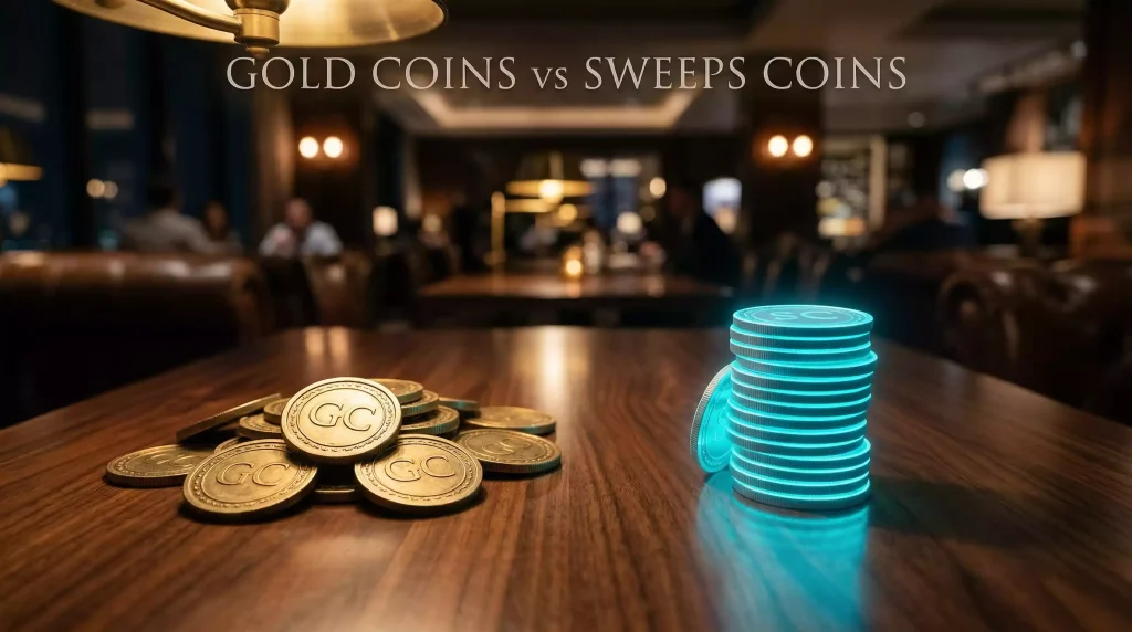 Two stacks of virtual coins on a casino table — gold play-only coins on the left and glowing teal redeemable coins on the right — illustrating sweepstakes dual currency