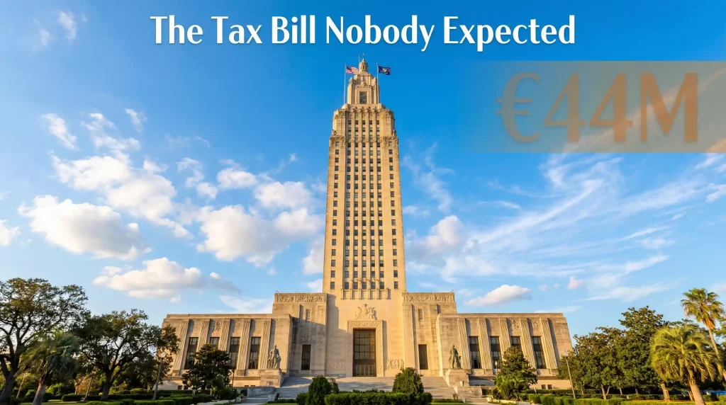Louisiana State Capitol building towering against a clear sky with a translucent dollar sign overlay symbolizing the 44 million dollar tax lawsuit
