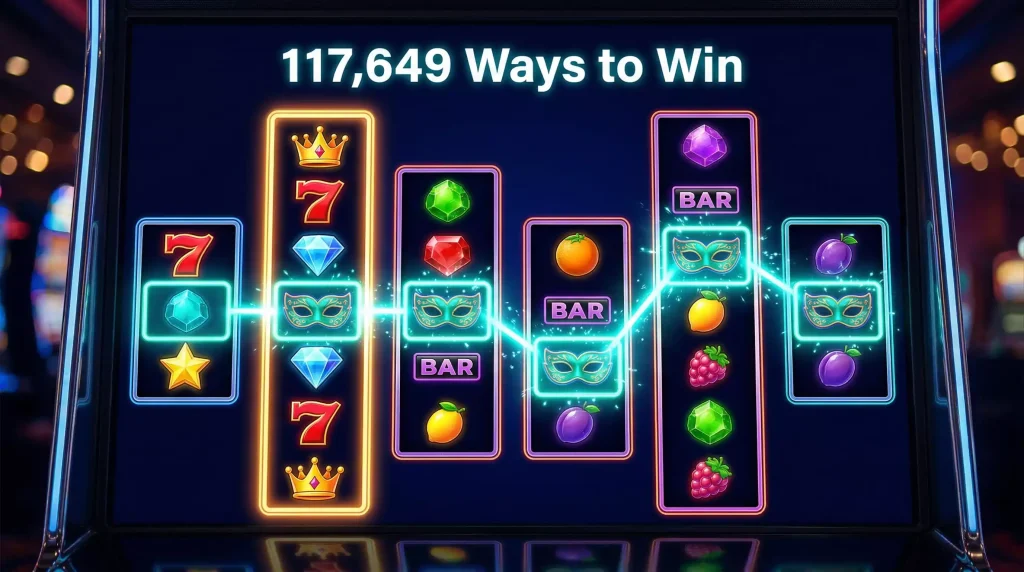 Close-up of slot machine reels with varying numbers of symbols per reel illustrating the Megaways variable-reel mechanic