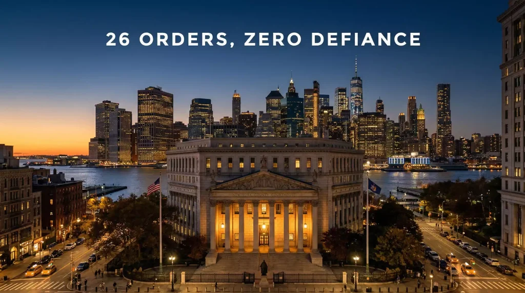 New York City skyline at dusk with the courthouse in foreground representing the Attorney General enforcement action against sweepstakes casinos