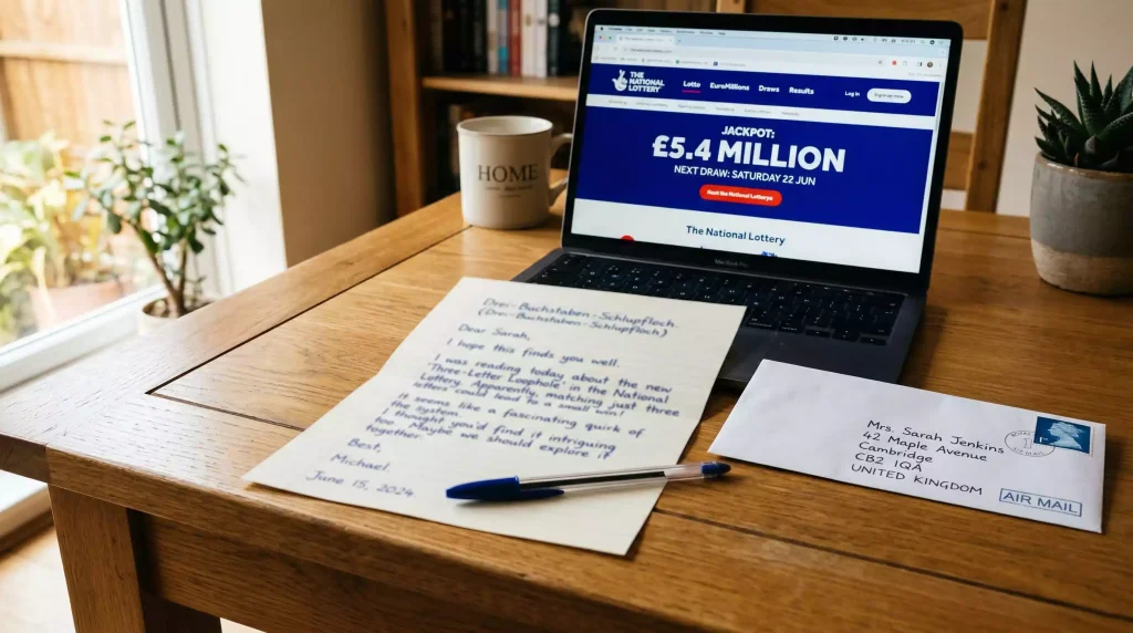 A handwritten letter and a stamped envelope on a desk beside a laptop showing a sweepstakes casino website representing AMOE mail-in entry