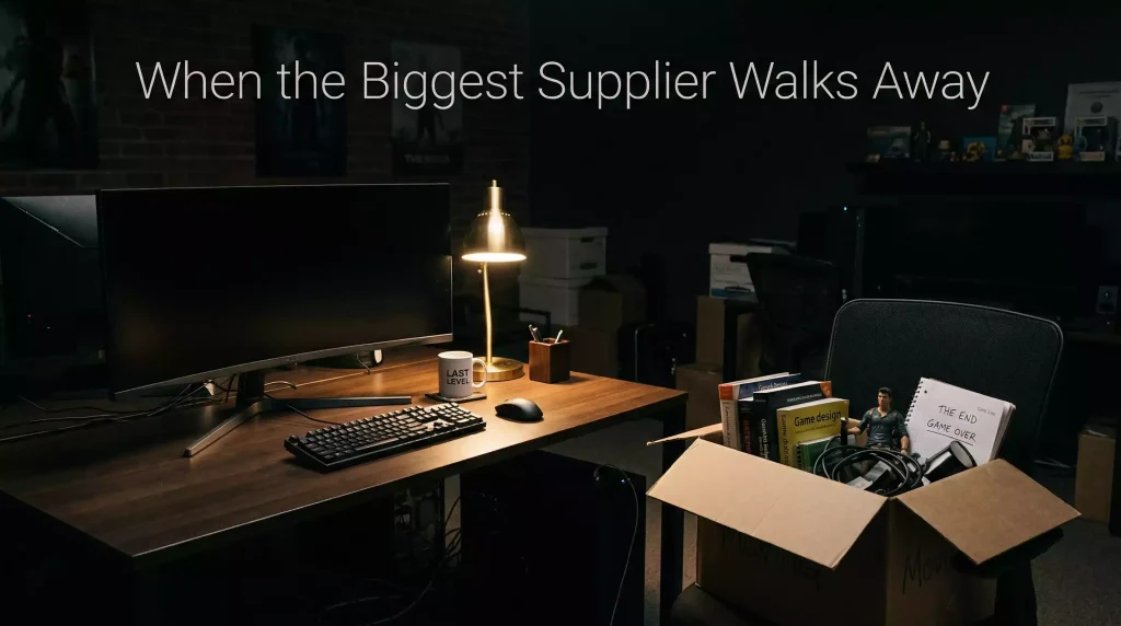 An empty game studio desk with a turned-off monitor and a packed box beside it symbolizing a major slot provider leaving the sweepstakes market