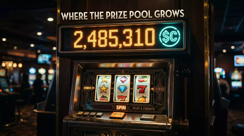 Glowing digital jackpot counter displaying a rising SC prize pool number above a stylized slot machine in warm amber light