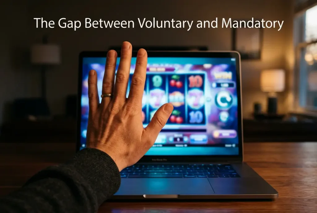 Person pausing thoughtfully with a hand raised in a stop gesture in front of a softly glowing laptop screen showing a slot game