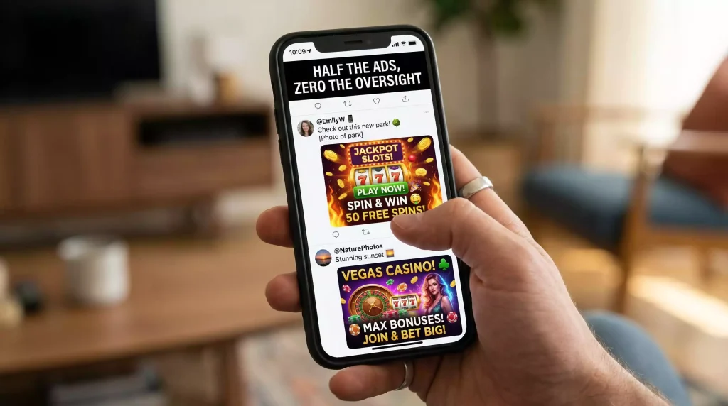 Person scrolling through a phone feed filled with colorful sweepstakes casino advertisements among regular social media posts
