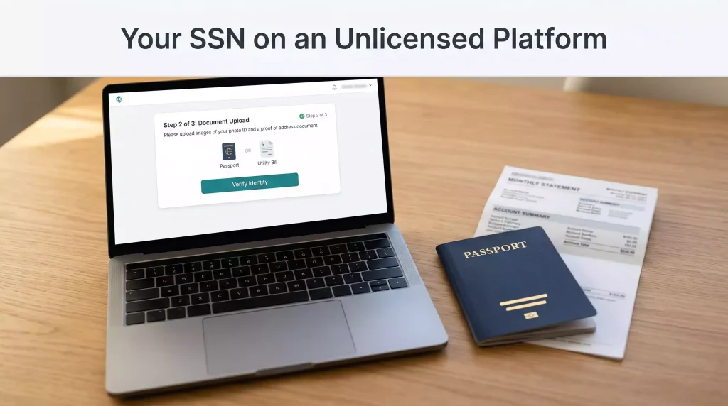 A passport and utility bill neatly laid on a desk beside a laptop displaying an identity verification upload screen