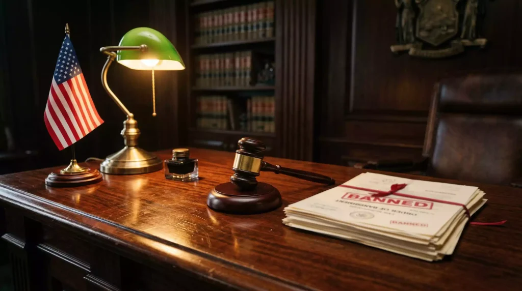 Sweepstakes casino legal landscape — state ban documents and gavel on a desk