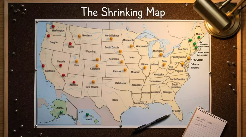 Overhead view of a large United States wall map with colored pins marking states where sweepstakes casinos are banned restricted or legal