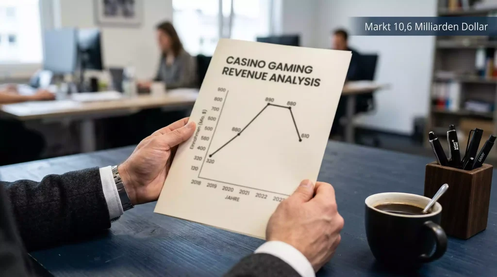 Sweepstakes casino market growth data — analyst reviewing revenue chart on paper