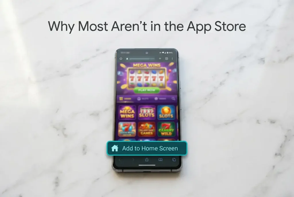 Smartphone on a marble surface displaying a sweepstakes casino slot lobby with a teal-highlighted Add to Home Screen prompt