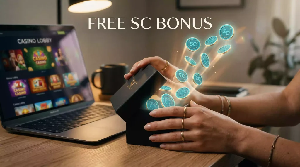 Person opening a glowing gift box on a desk revealing teal Sweeps Coins floating upward representing a sweepstakes casino no deposit bonus