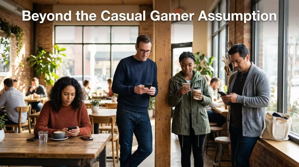 Diverse group of people in everyday clothes looking at their smartphones in a casual indoor setting representing sweepstakes casino player demographics