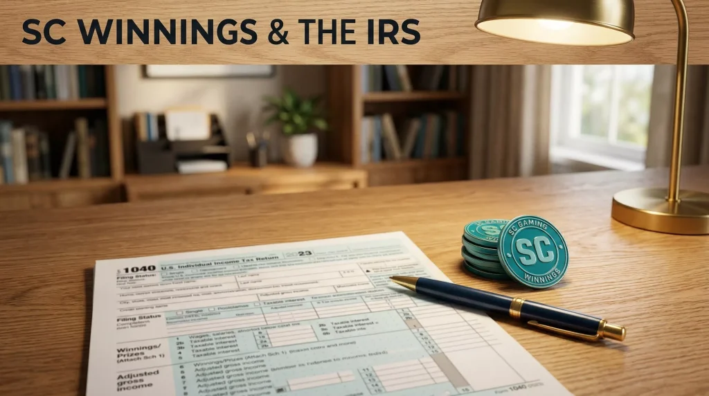 Tax form 1040 on a desk beside a pen and a small pile of teal stylized coins representing taxable sweepstakes casino winnings