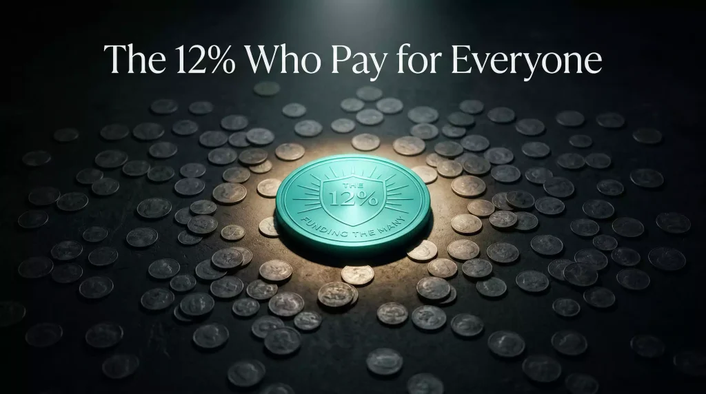 A single large teal coin surrounded by many smaller dull coins on a dark surface illustrating the whale-driven revenue concentration in sweepstakes casinos