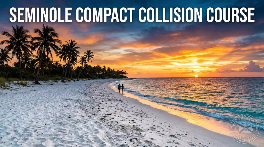 Florida coastline with palm trees at sunset and a faint overlay of a legal document seal representing the Seminole Compact and sweepstakes regulation