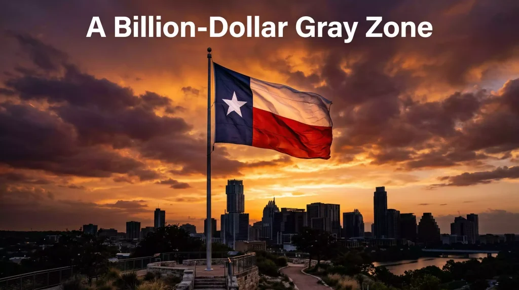 Texas state flag waving against a dramatic sunset sky with the Austin skyline silhouetted in the background