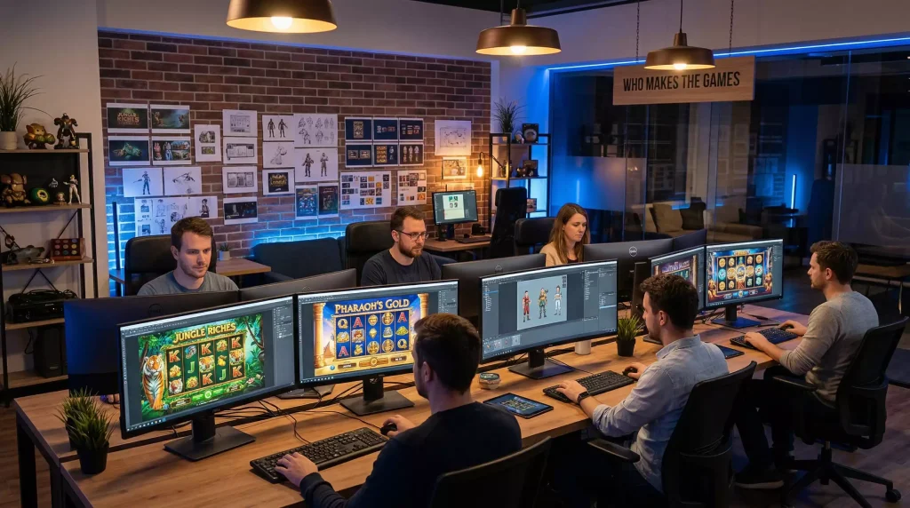 Row of game development studio workstations with screens displaying colorful slot game designs in a modern creative office