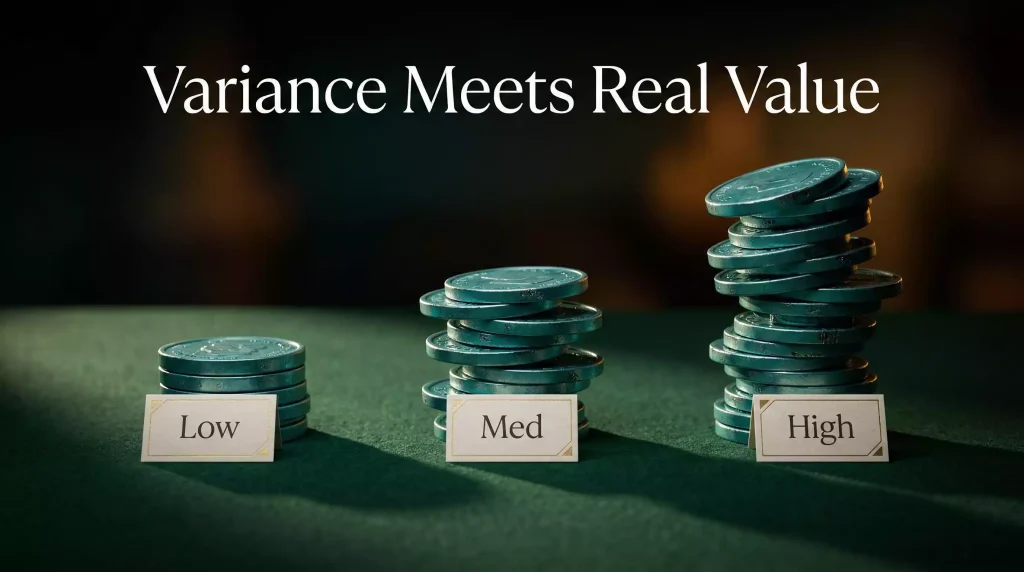 Three stacks of teal Sweeps Coins in small medium and large sizes on a felt surface representing low medium and high slot volatility