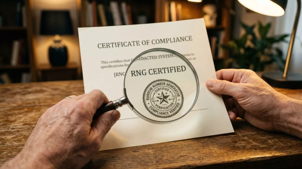 Sweepstakes slot RTP and RNG audit — compliance certification document under magnifying glass