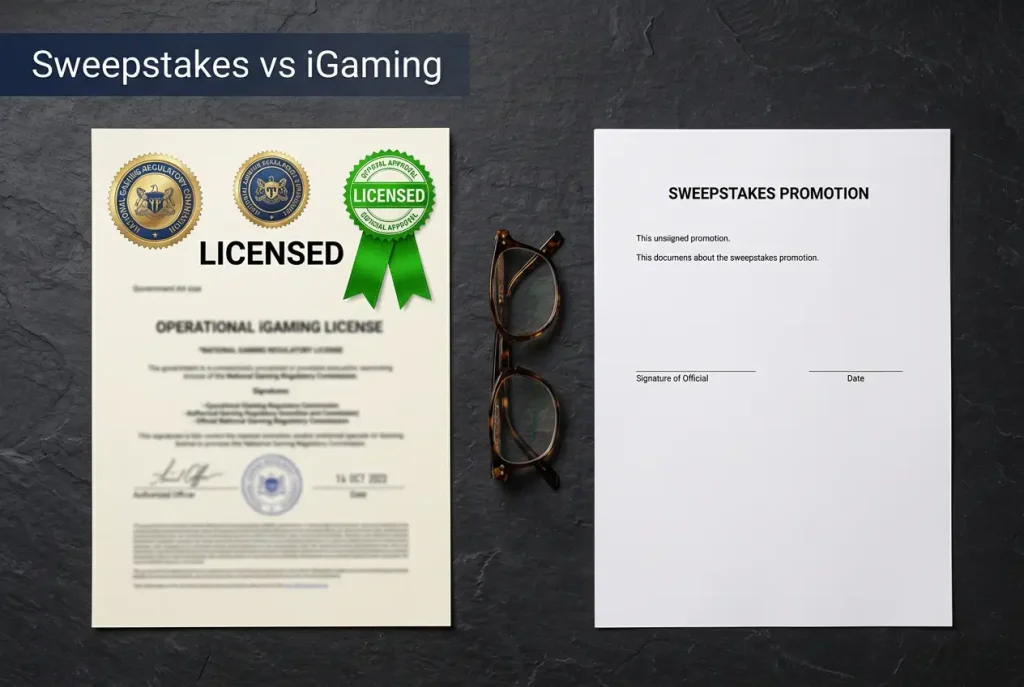 Sweepstakes casinos vs licensed iGaming — two contrasting regulatory documents side by side