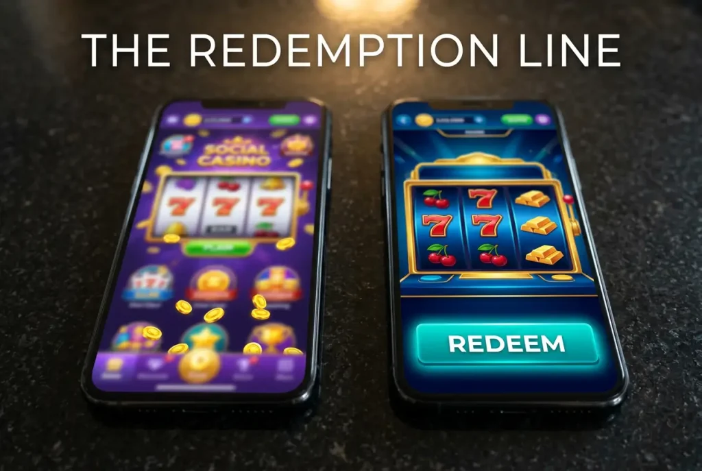 Two side-by-side smartphone screens — one showing a social casino with play-only tokens and one showing a sweepstakes casino with a cash-out button highlighted