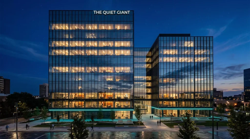 Modern corporate office building at dusk with illuminated windows and a subtle teal accent light representing VGW Group headquarters